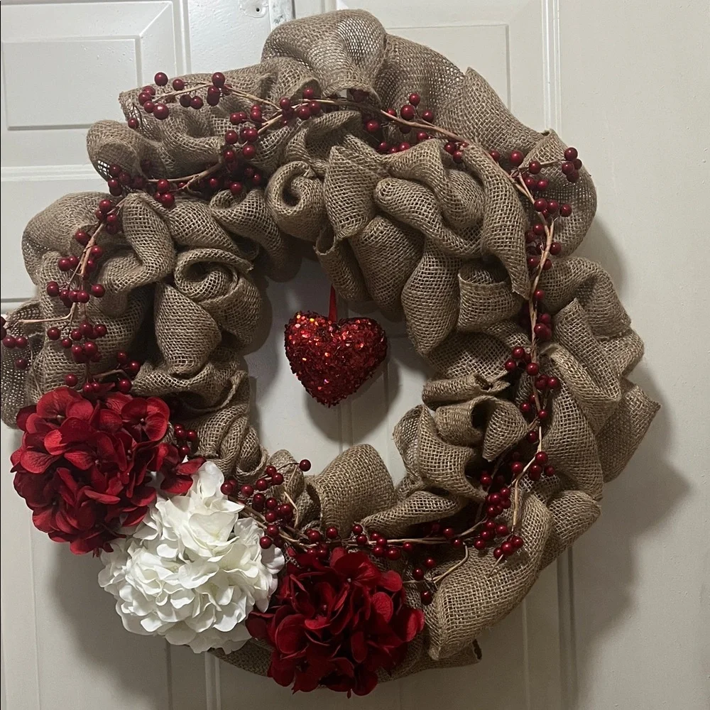 Rustic Burlap Holiday Wreath with Red and White Accents